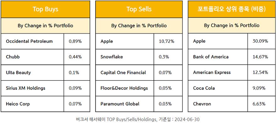 2024년 2분기 '버크셔 해서웨이'의 13f 공시자료 top buys, top sells 종목들과 포트폴리오 상위 종목.